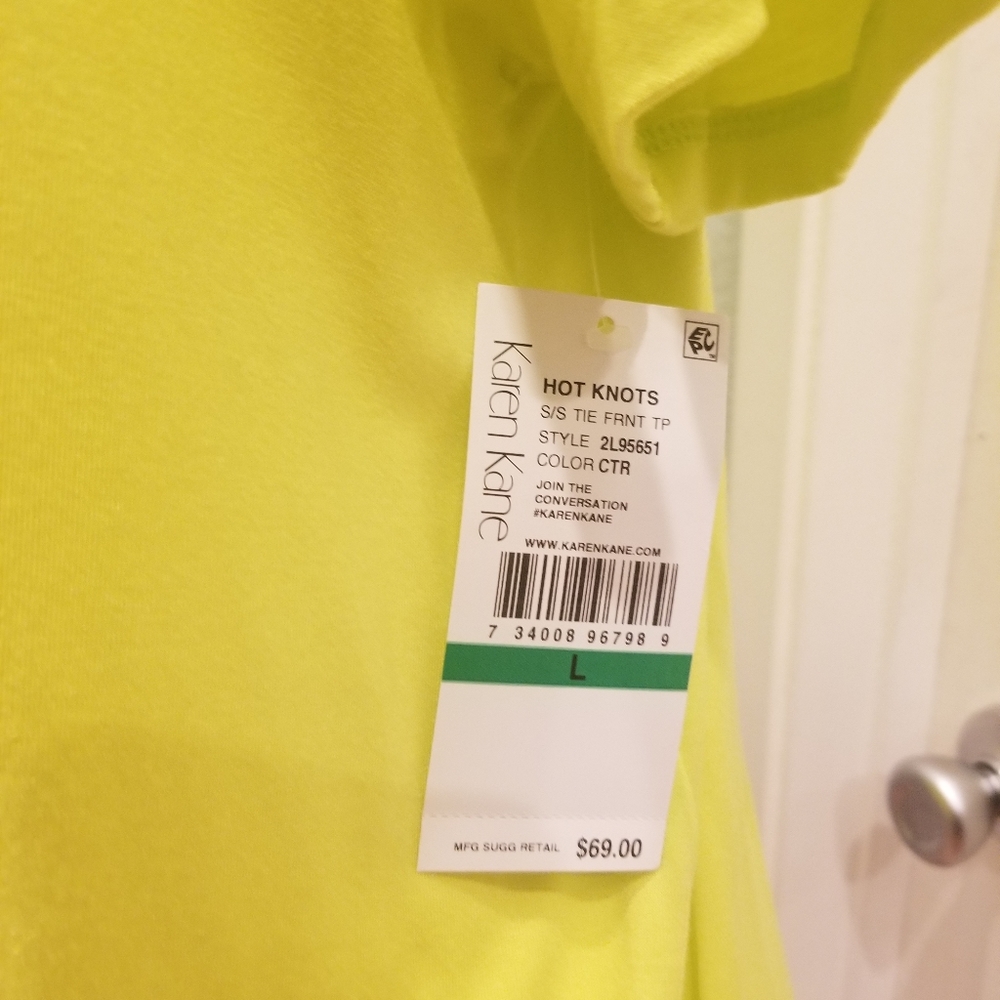 🌸Karen Kane Neon Yellow Front Knot Tie Shirt NWT - Picture 2 of 4